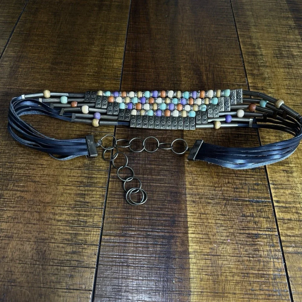 Fashion Chain Link Belt Chunky Wood Multi Colored Beaded Black Leather Adjustabl
